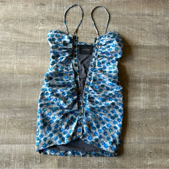 RACHEL COMEY 100% Silk Ruched Y2K Mini Dress sz S Snap Front Spaghetti Strap - Picture 2 of 15